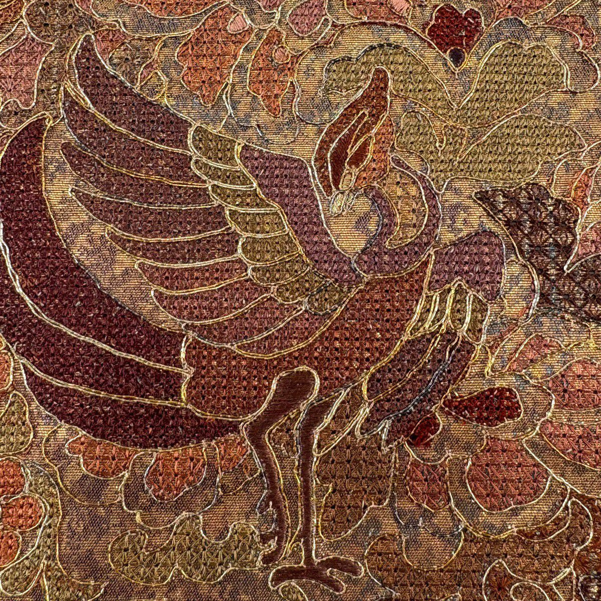 【美品】 袋帶 秀品級 花鳥 刺繡 金線 紅茶 お太鼓圖案 純蠶絲