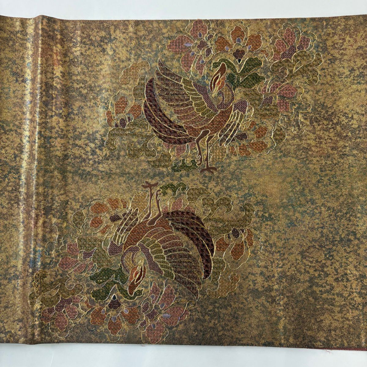 【美品】 袋帶 秀品級 花鳥 刺繡 金線 紅茶 お太鼓圖案 純蠶絲