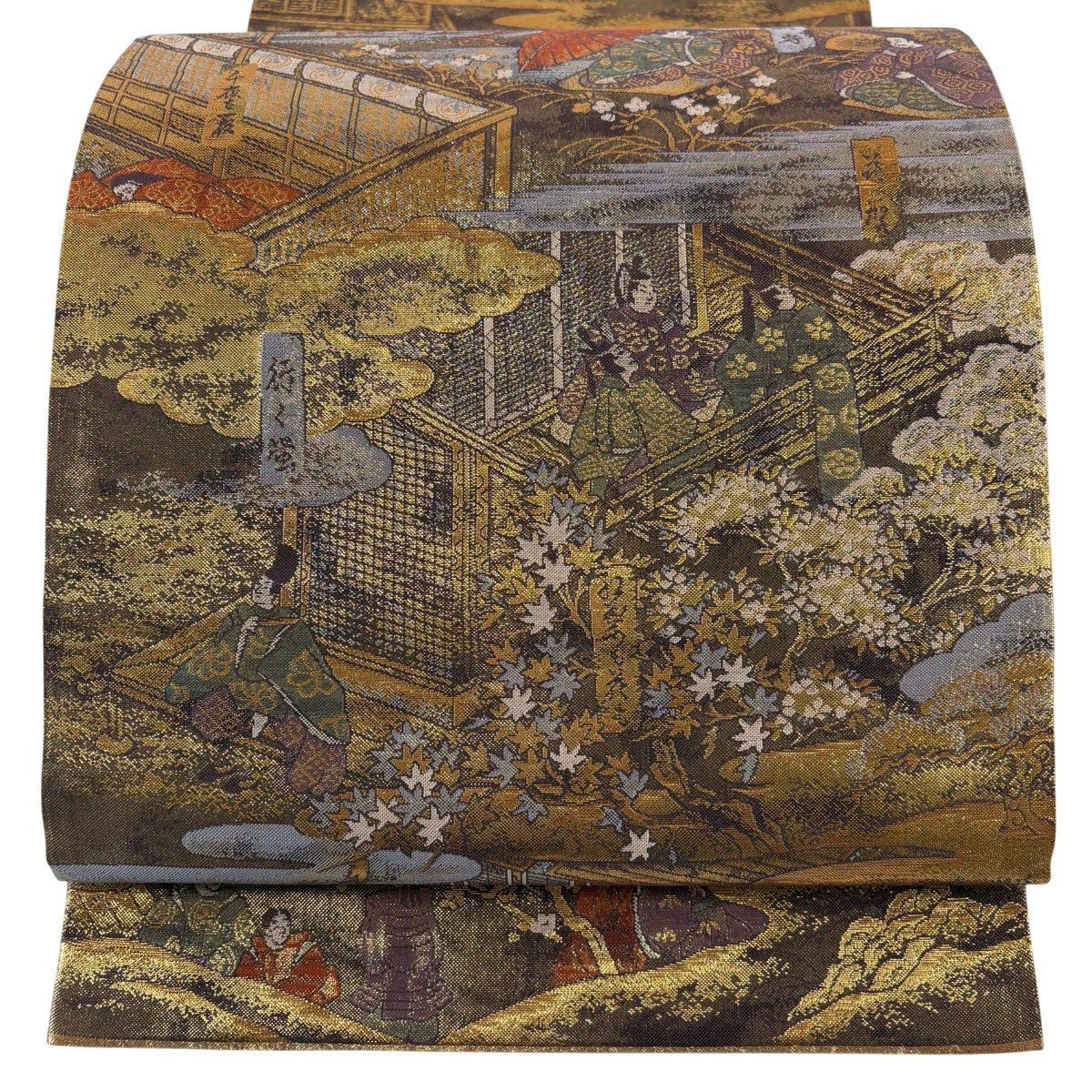 【美品】 袋帶 秀品級 人物 風景 金絲 金金箔 金茶 大鼓圖案 純蠶絲