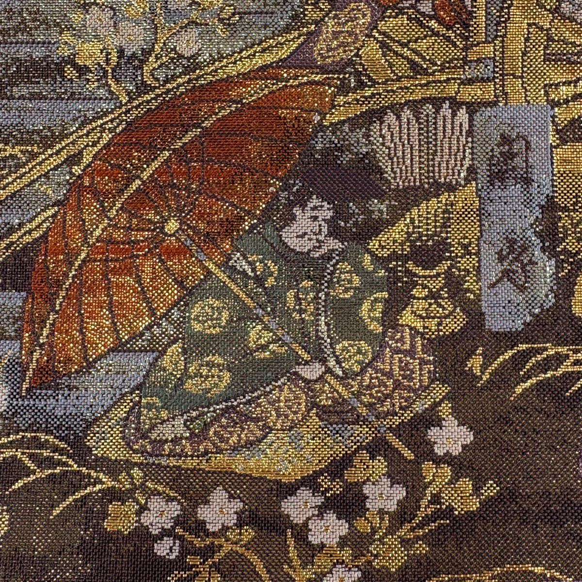 【美品】 袋帶 秀品級 人物 風景 金絲 金金箔 金茶 大鼓圖案 純蠶絲