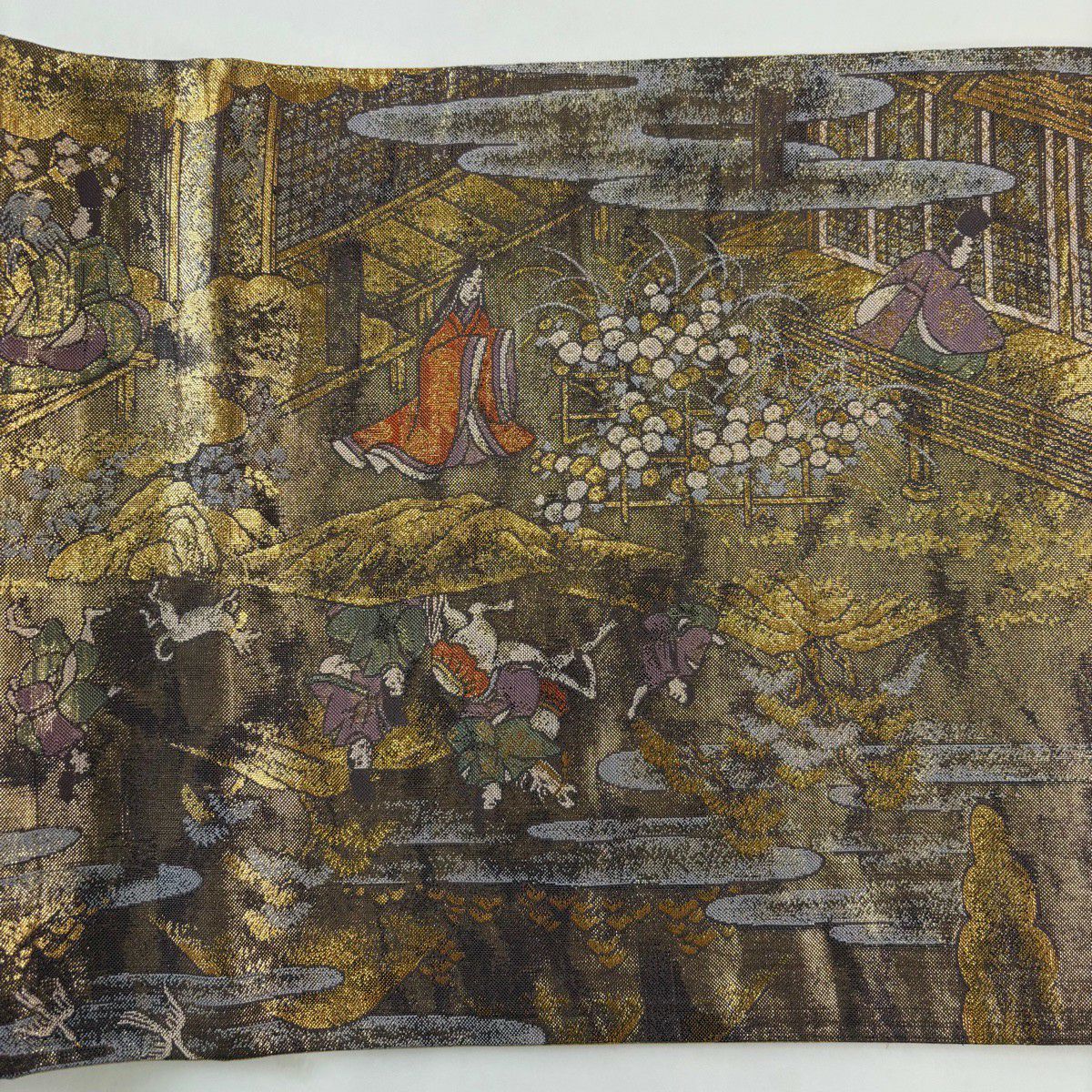 【美品】 袋帶 秀品級 人物 風景 金絲 金金箔 金茶 大鼓圖案 純蠶絲