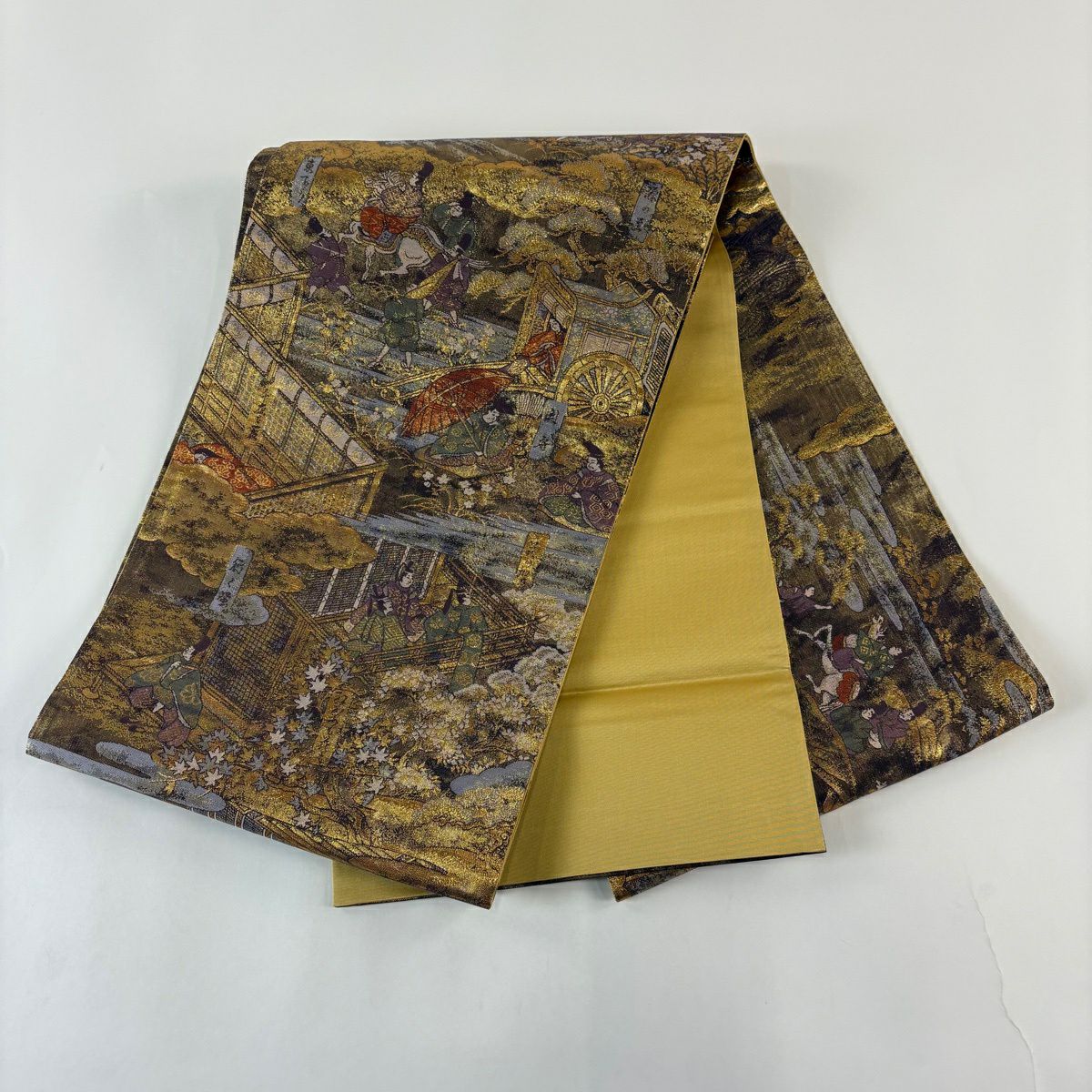 【美品】 袋帶 秀品級 人物 風景 金絲 金金箔 金茶 大鼓圖案 純蠶絲