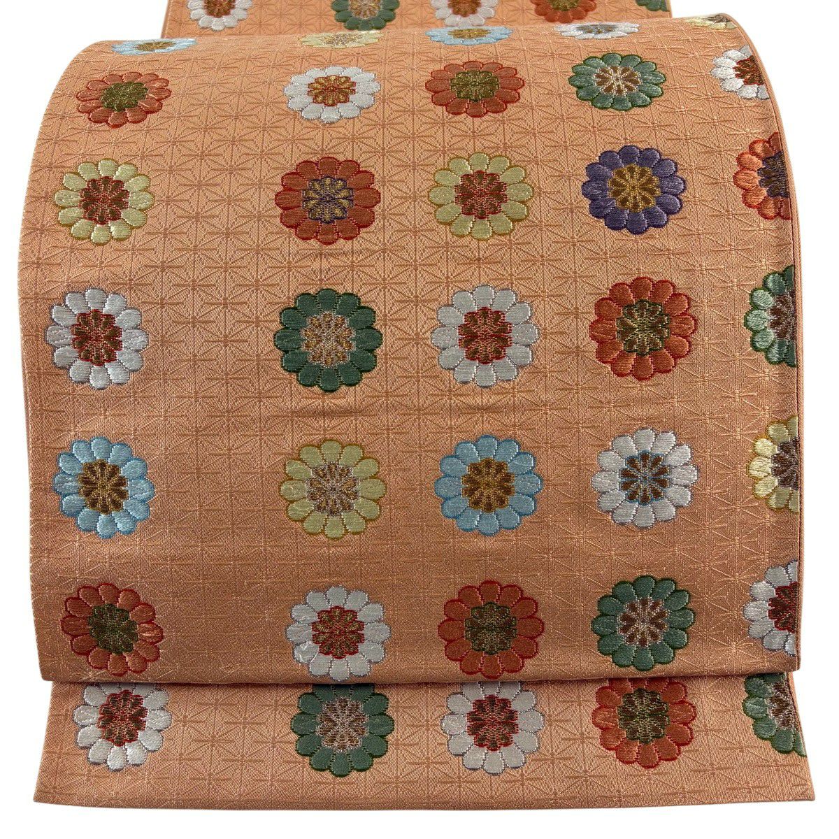 【美品】 袋帶 秀品級 花 地紋 金銀彩 薄橙 六通 純蠶絲
