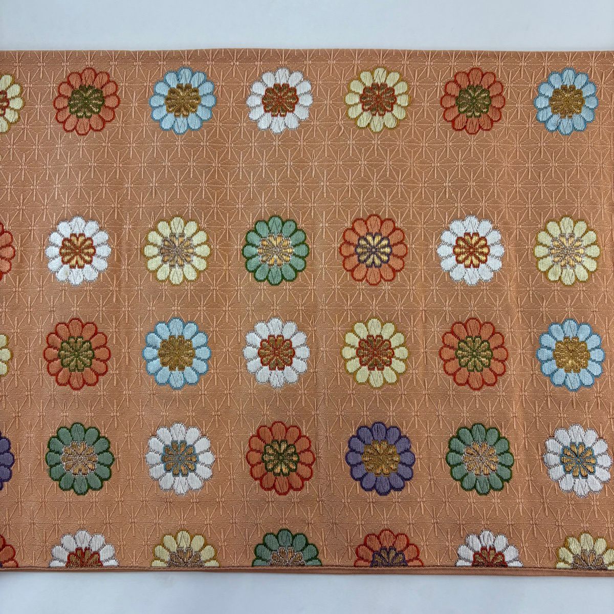 【美品】 袋帶 秀品級 花 地紋 金銀彩 薄橙 六通 純蠶絲