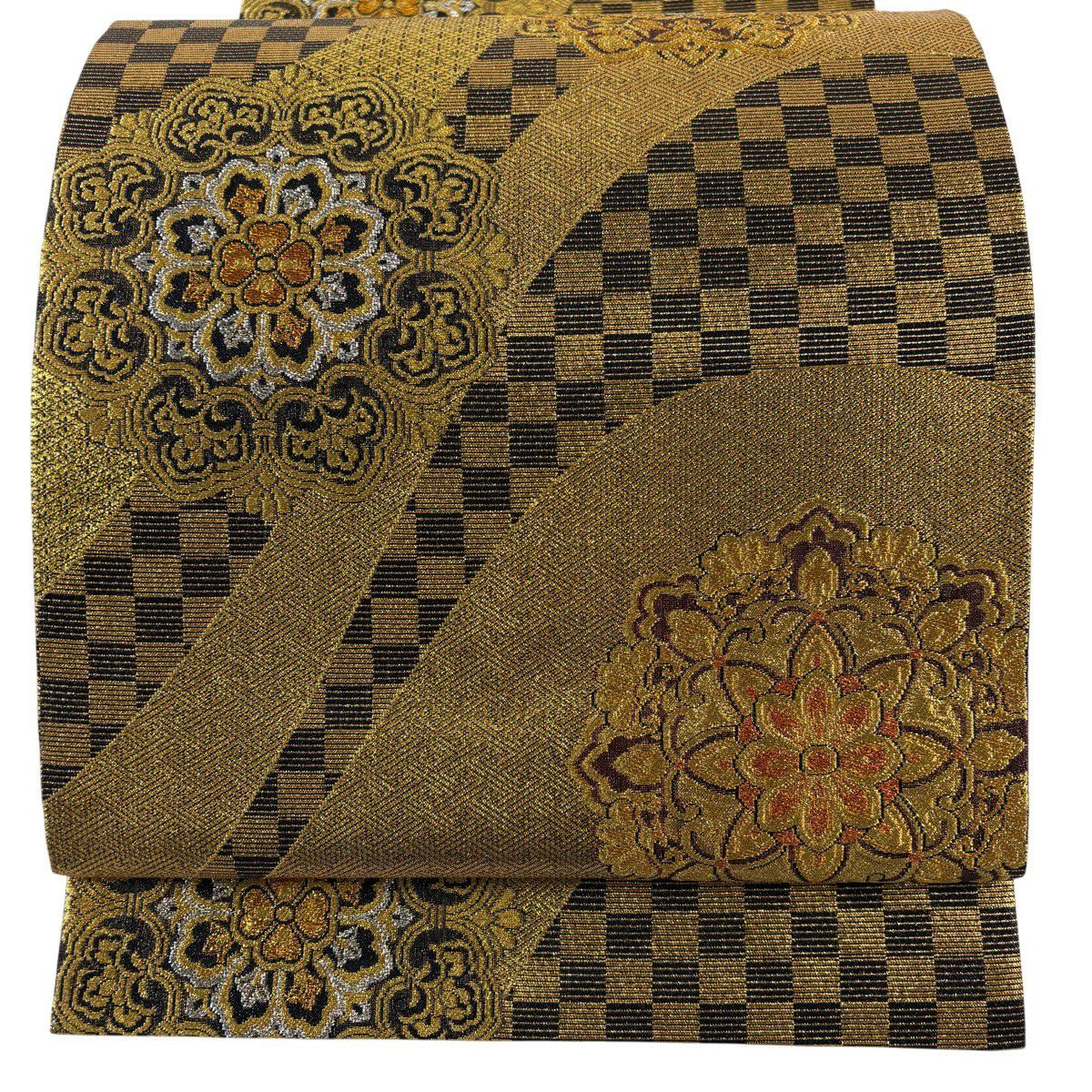【美品】 袋帶 秀品級 華紋 市松樹 金銀線 金金箔 金色 六通 純蠶絲