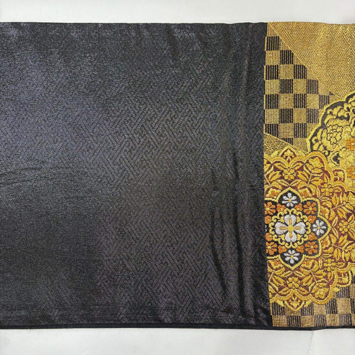 【美品】 袋帶 秀品級 華紋 市松樹 金銀線 金金箔 金色 六通 純蠶絲