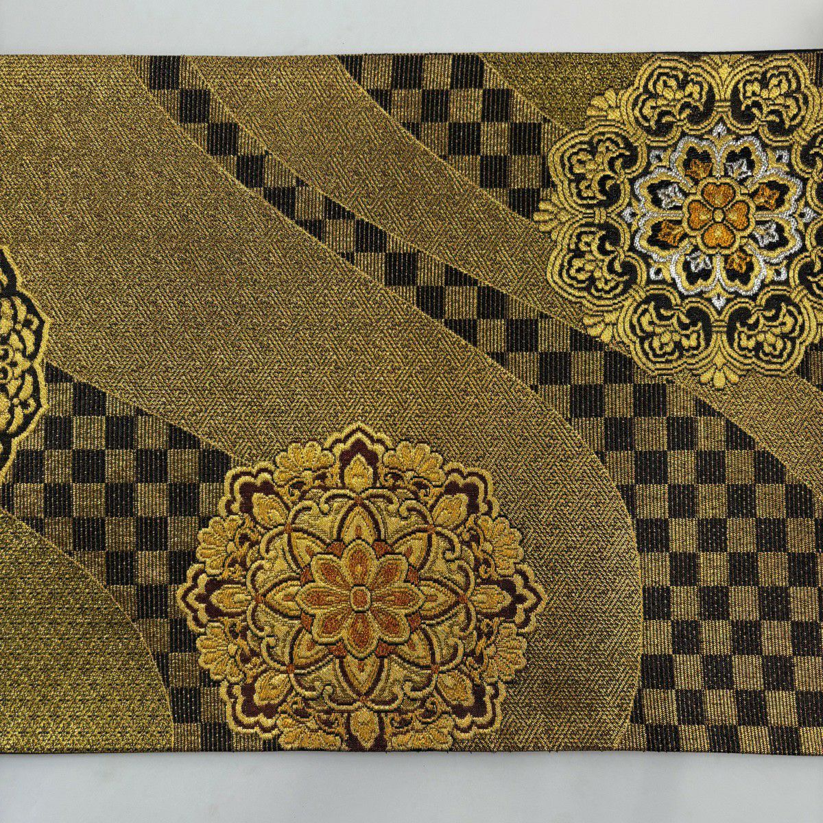 【美品】 袋帶 秀品級 華紋 市松樹 金銀線 金金箔 金色 六通 純蠶絲
