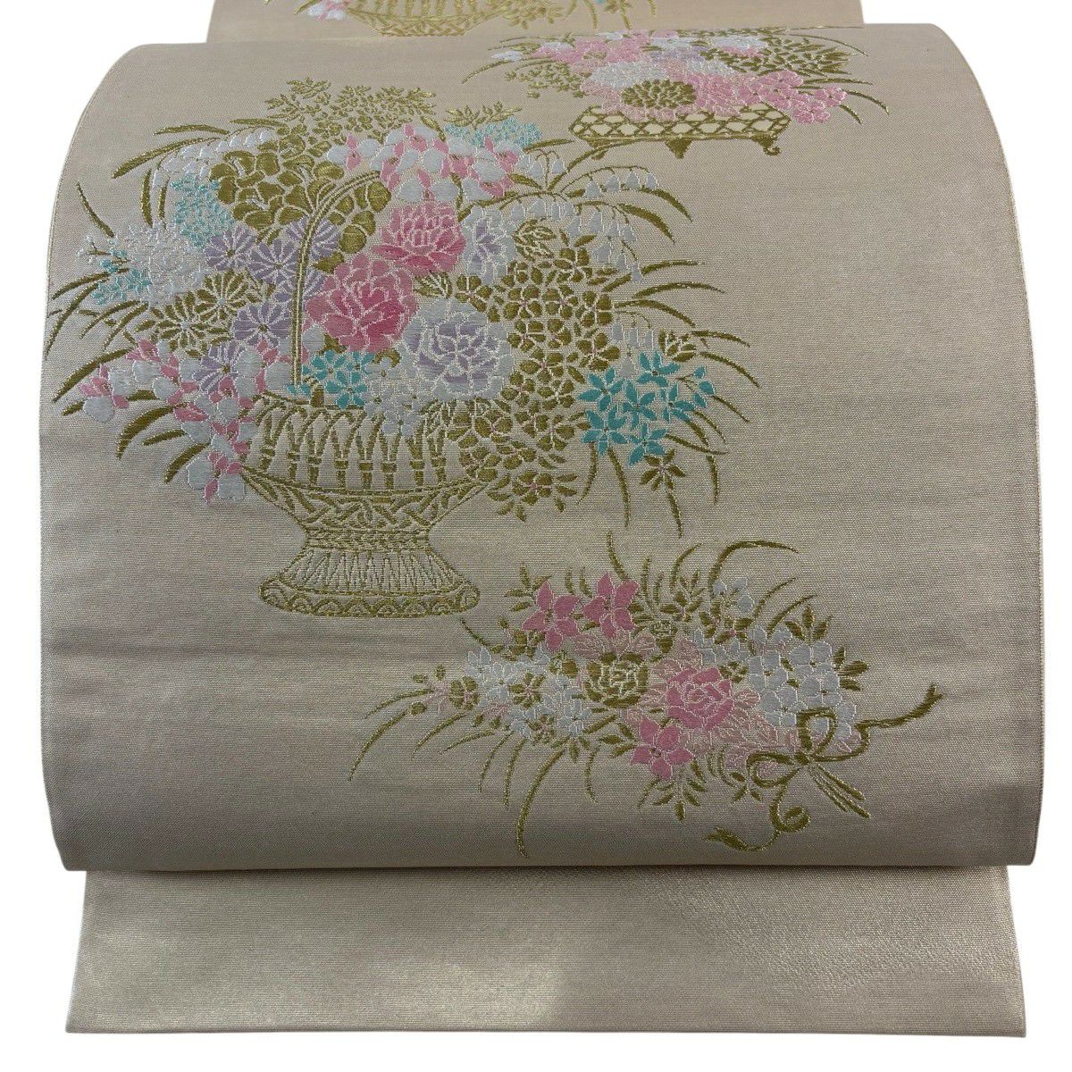 【美品】 袋帶 秀品級 花籠 金絲 米色 大鼓圖案 純蠶絲