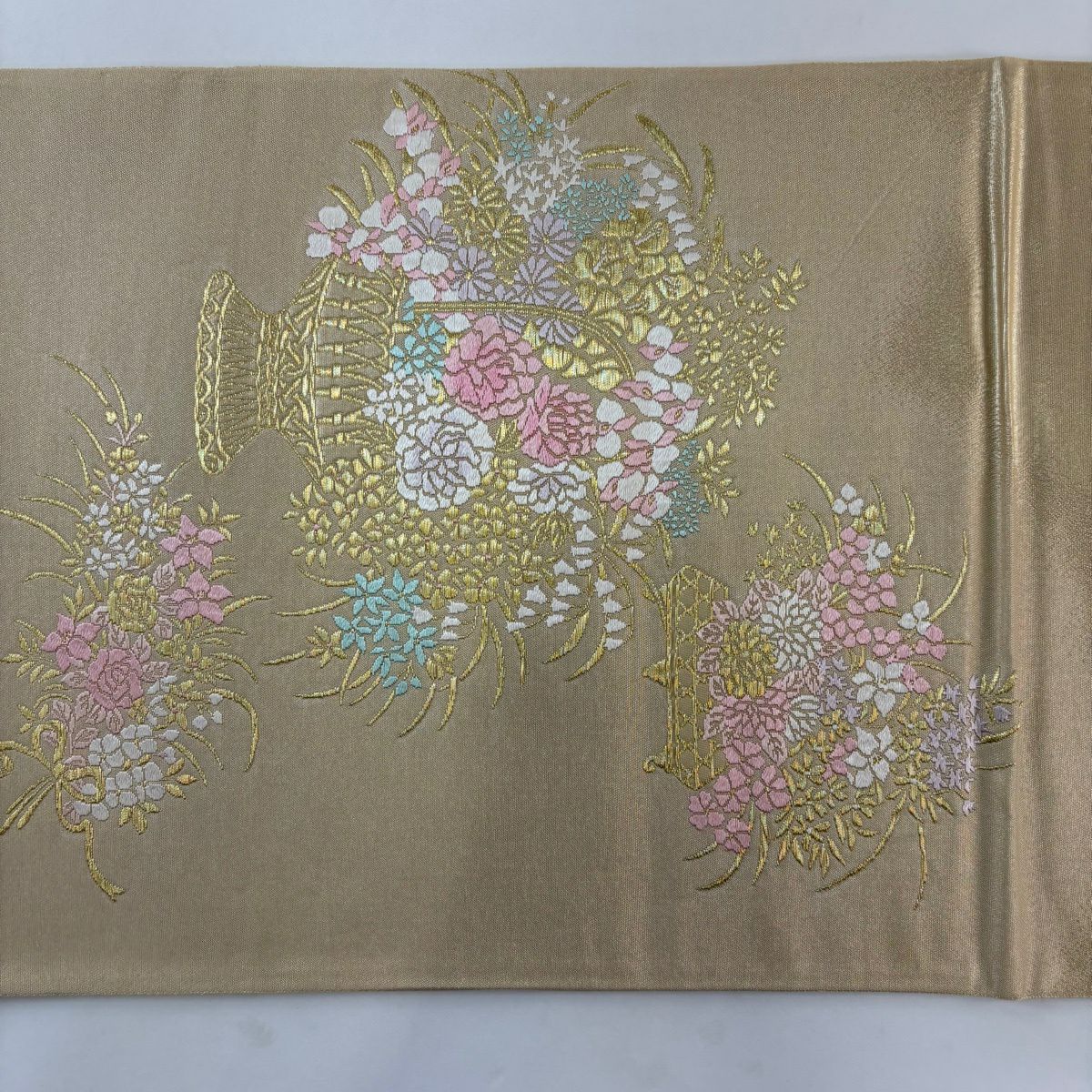 【美品】 袋帶 秀品級 花籠 金絲 米色 大鼓圖案 純蠶絲
