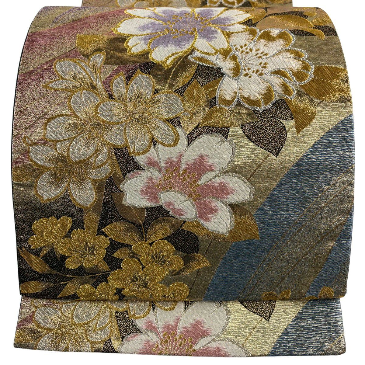 【美品】 袋帶 秀品級 草花紋 金銀彩 金金箔 金茶 六通 純蠶絲