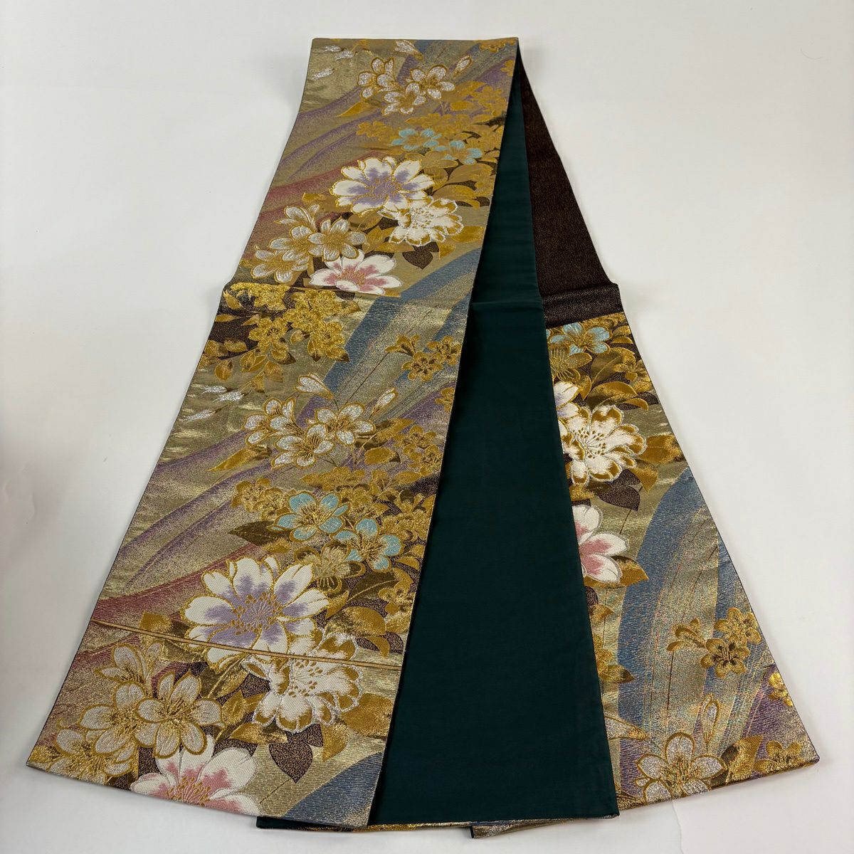 【美品】 袋帶 秀品級 草花紋 金銀彩 金金箔 金茶 六通 純蠶絲
