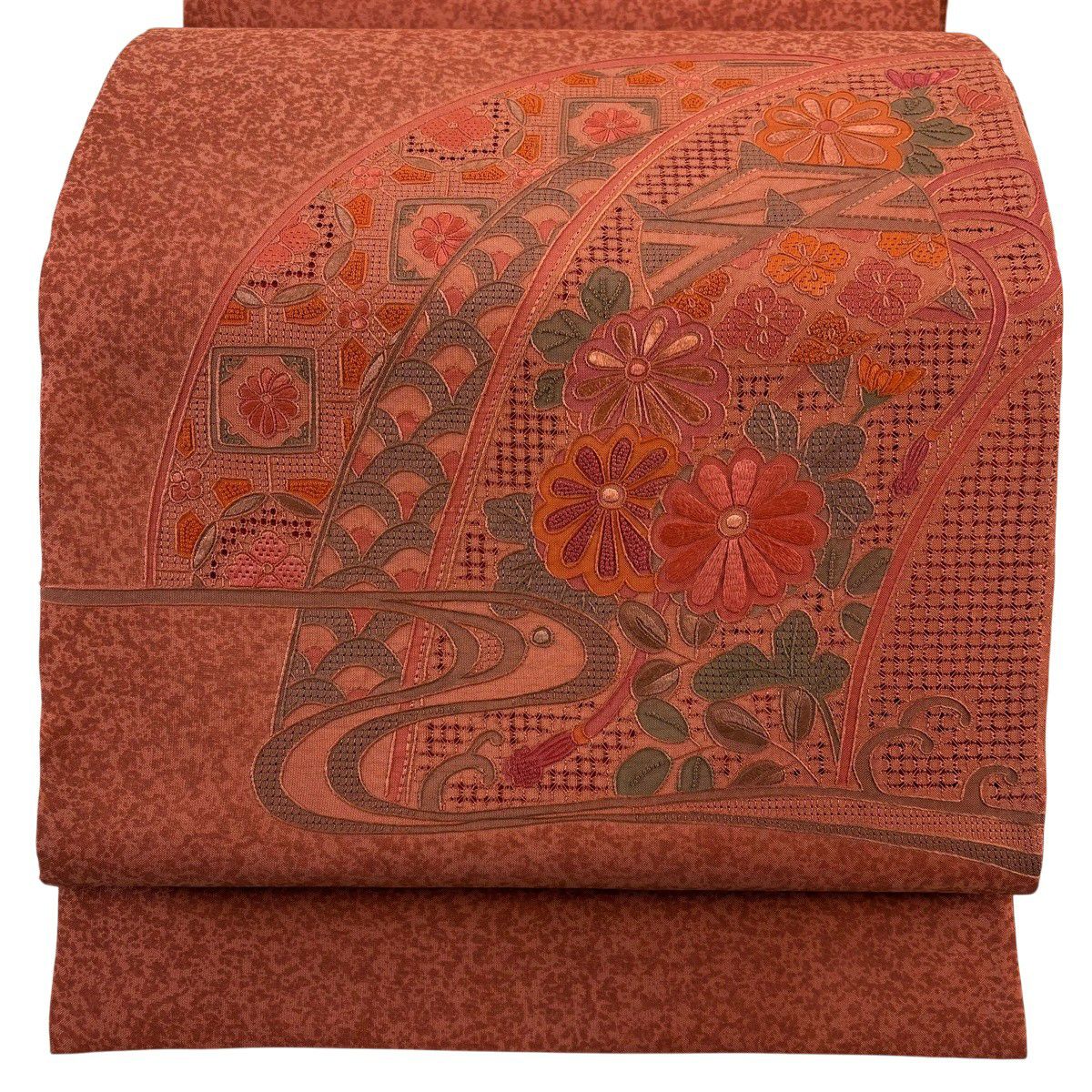 【美品】 袋帶 秀品級 線卷 菊花花 刺繡 紅茶 お太鼓圖案 純蠶絲