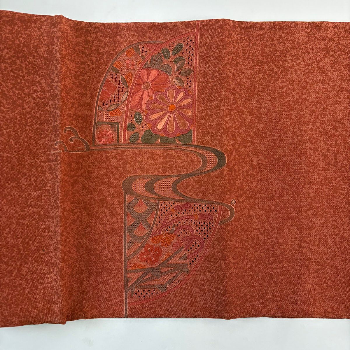 【美品】 袋帶 秀品級 線卷 菊花花 刺繡 紅茶 お太鼓圖案 純蠶絲