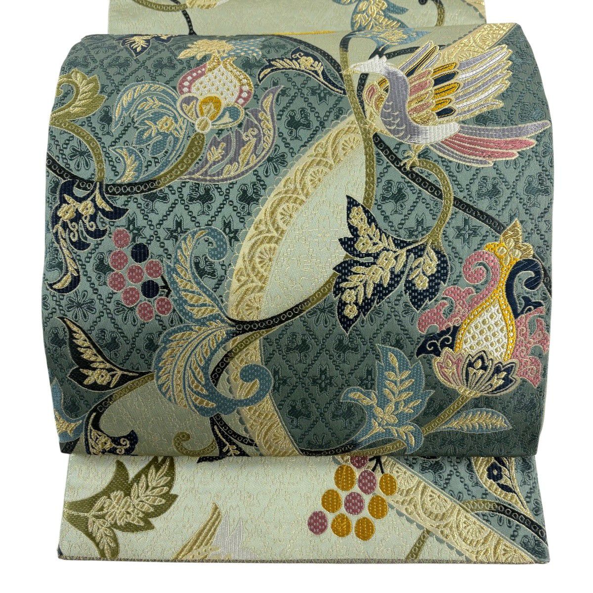【美品】 袋帶 秀品級 鳥 花唐草紋 金糸 金金箔 淺綠 六通 純蠶絲