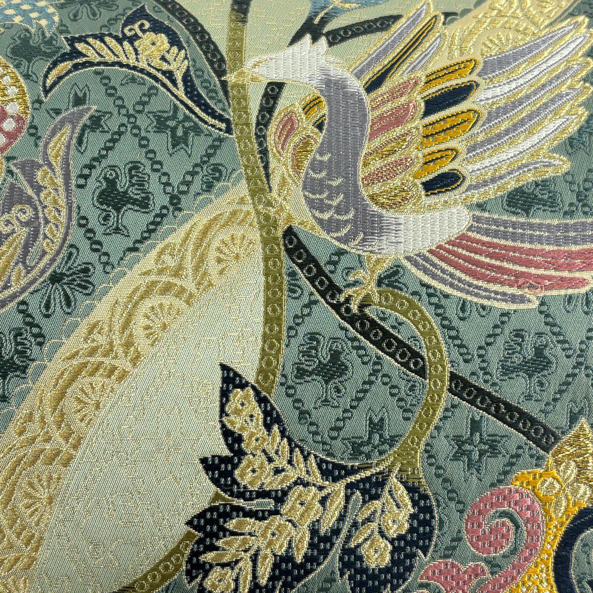 【美品】 袋帶 秀品級 鳥 花唐草紋 金糸 金金箔 淺綠 六通 純蠶絲