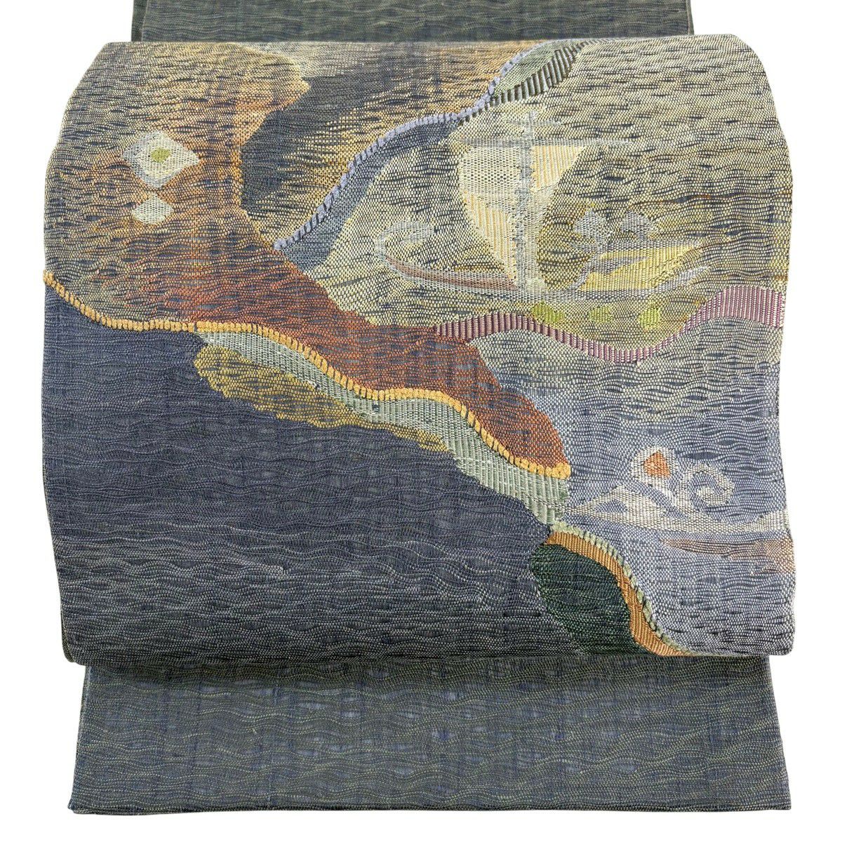 【美品】 袋帶 秀品級 舟 幾何學 金絲 青灰 深藍色 正蠶絲