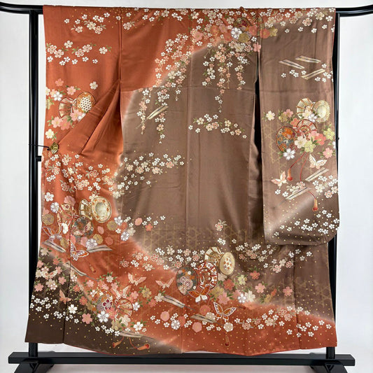 【美品】振袖禮服 身長155cm 袖長64cm M 雙層 鼓 蝶 金絲 金銀彩 紅茶 純蠶絲 秀品級