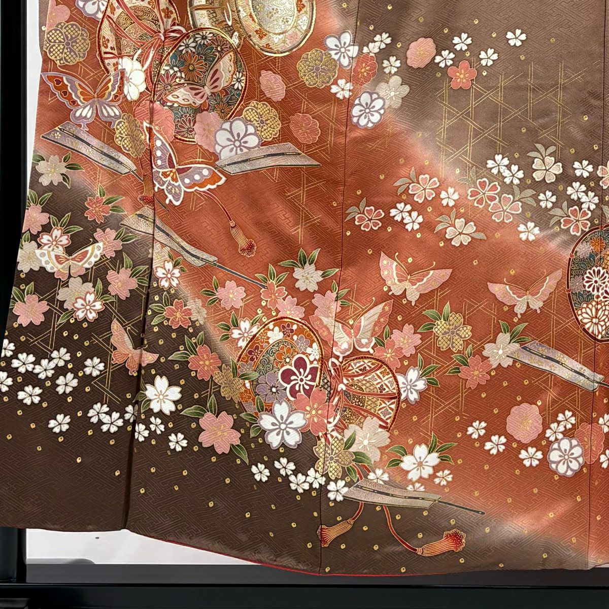【美品】振袖禮服 身長155cm 袖長64cm M 雙層 鼓 蝶 金絲 金銀彩 紅茶 純蠶絲 秀品級