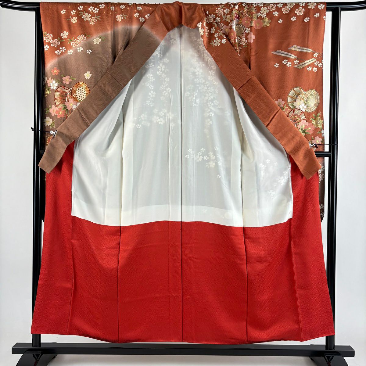 【美品】振袖禮服 身長155cm 袖長64cm M 雙層 鼓 蝶 金絲 金銀彩 紅茶 純蠶絲 秀品級