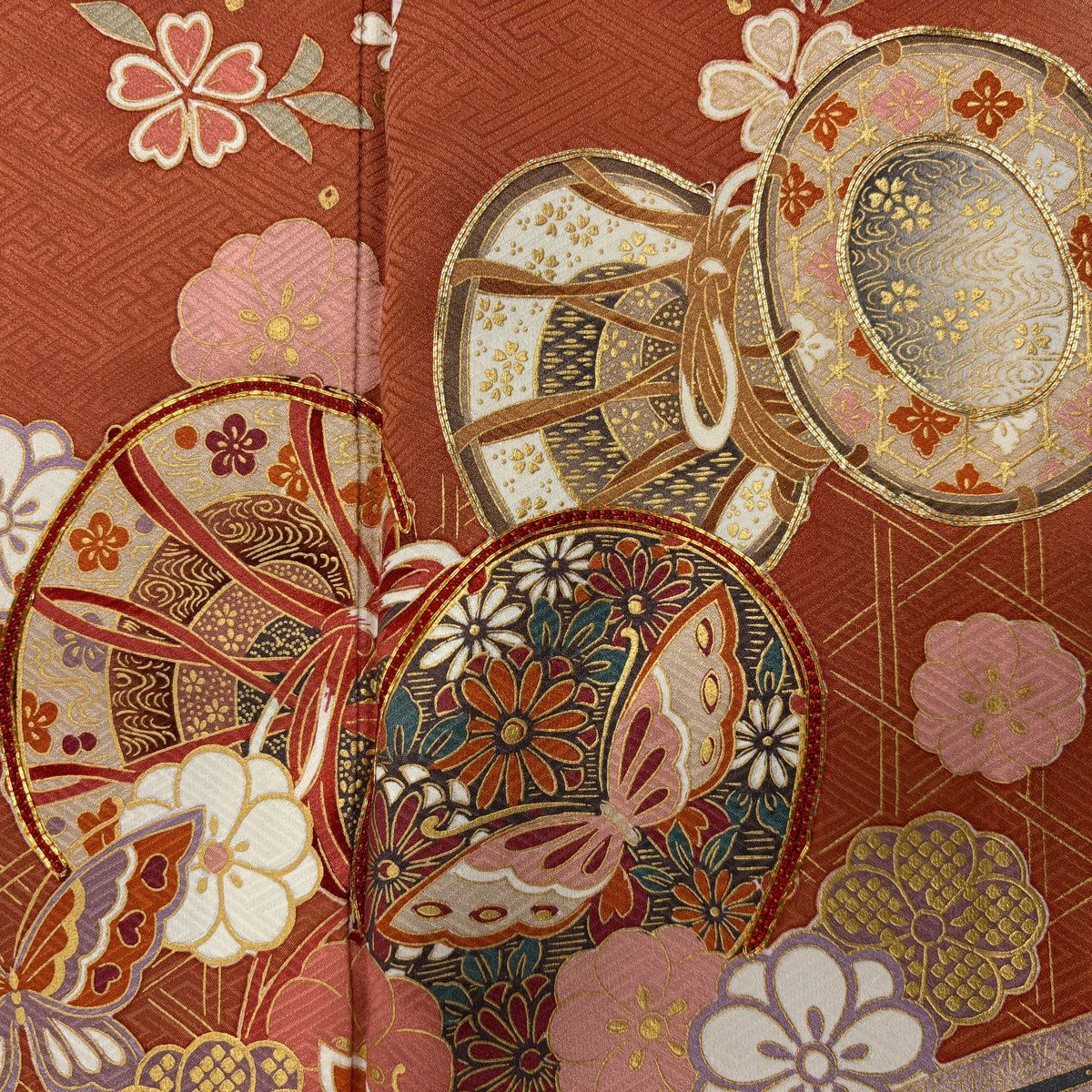 【美品】振袖禮服 身長155cm 袖長64cm M 雙層 鼓 蝶 金絲 金銀彩 紅茶 純蠶絲 秀品級