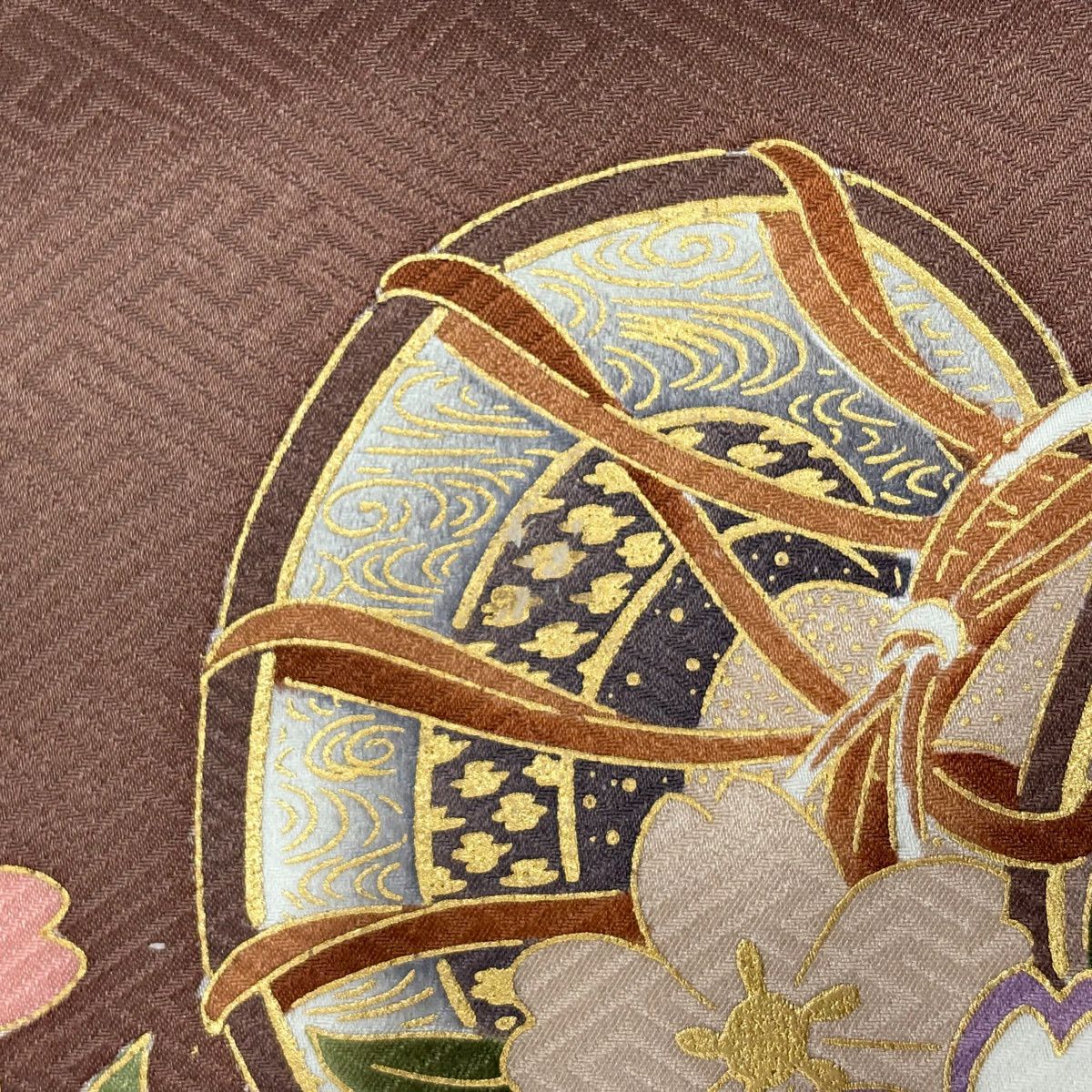【美品】振袖禮服 身長155cm 袖長64cm M 雙層 鼓 蝶 金絲 金銀彩 紅茶 純蠶絲 秀品級