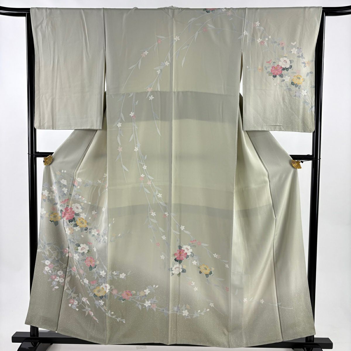 【美品】訪問服 身長158.5cm 袖長65cm M 雙層 枝花 草花紋紋 漸層 灰綠 純蠶絲 秀品級