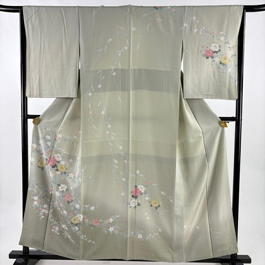 【美品】訪問服 身長158.5cm 袖長65cm M 雙層 枝花 草花紋紋 漸層 灰綠 純蠶絲 秀品級