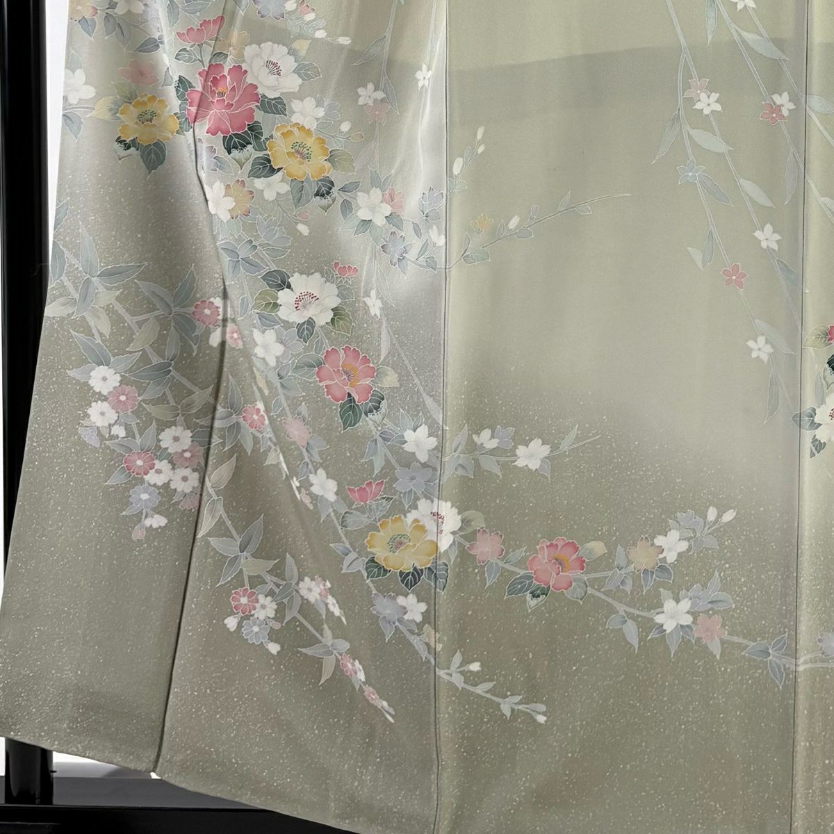 【美品】訪問服 身長158.5cm 袖長65cm M 雙層 枝花 草花紋紋 漸層 灰綠 純蠶絲 秀品級