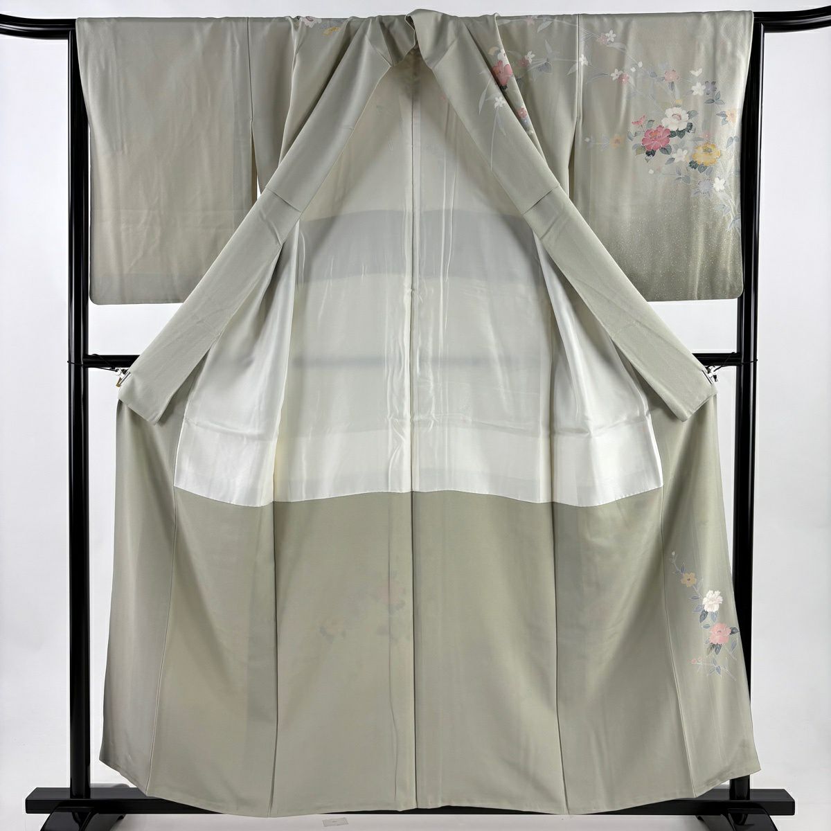 【美品】訪問服 身長158.5cm 袖長65cm M 雙層 枝花 草花紋紋 漸層 灰綠 純蠶絲 秀品級