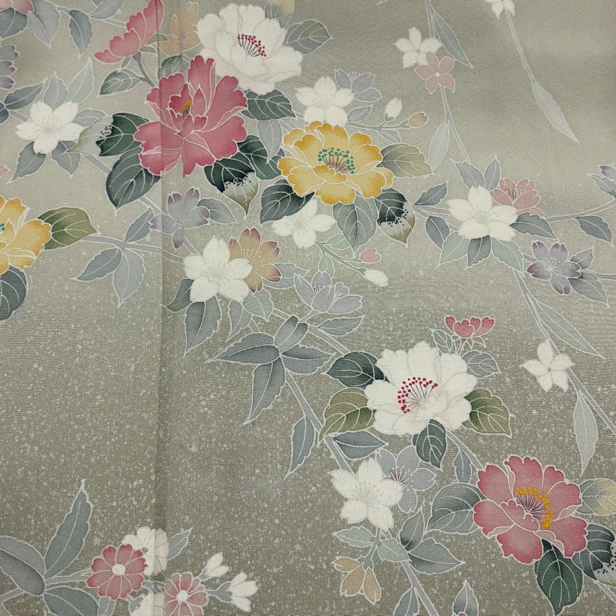 【美品】訪問服 身長158.5cm 袖長65cm M 雙層 枝花 草花紋紋 漸層 灰綠 純蠶絲 秀品級