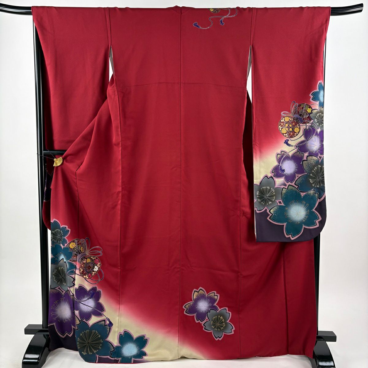 【美品】振袖禮服 身長171cm 袖長67.5cm L 雙層 櫻花 鼓 金銀彩 刺繡 深紅 純蠶絲 秀品級