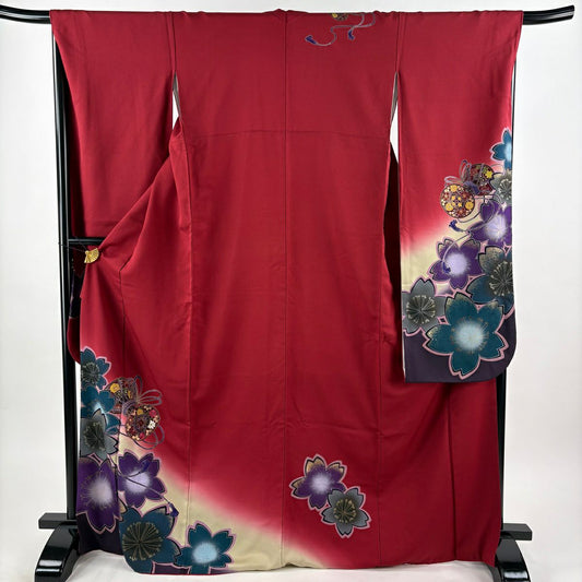 【美品】振袖禮服 身長171cm 袖長67.5cm L 雙層 櫻花 鼓 金銀彩 刺繡 深紅 純蠶絲 秀品級
