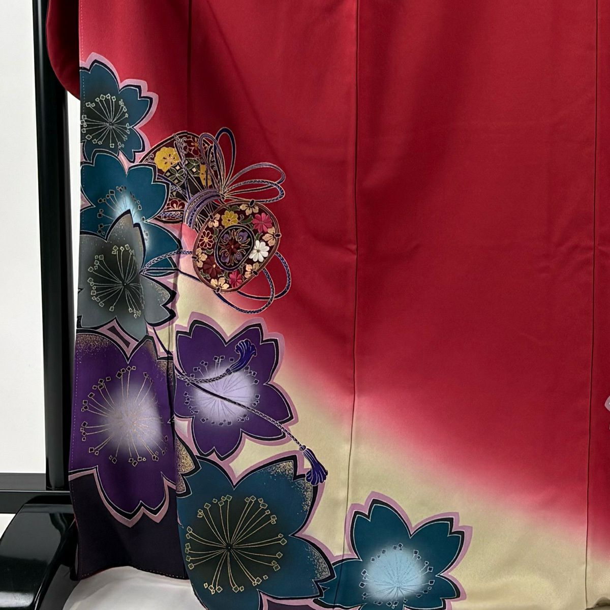 【美品】振袖禮服 身長171cm 袖長67.5cm L 雙層 櫻花 鼓 金銀彩 刺繡 深紅 純蠶絲 秀品級