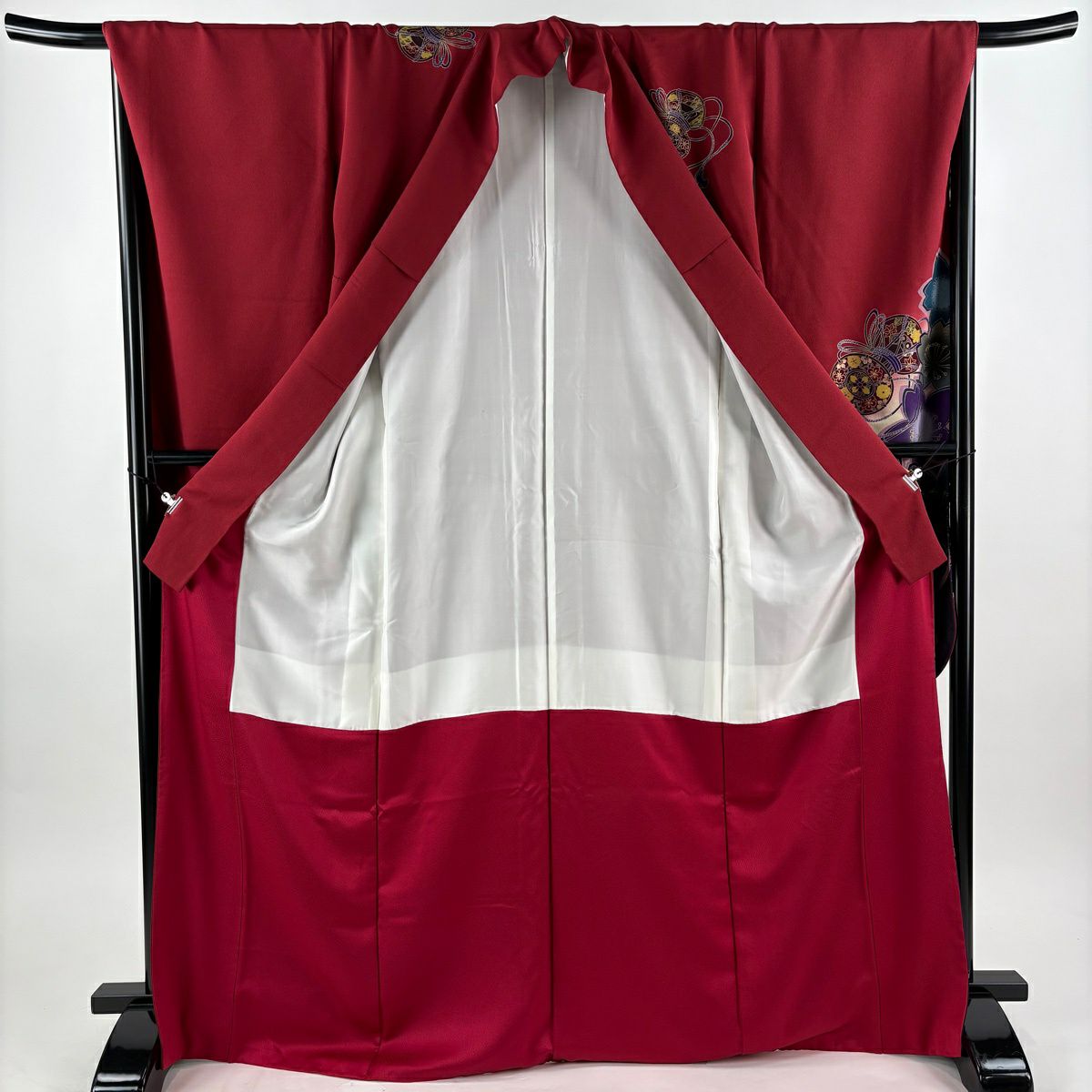 【美品】振袖禮服 身長171cm 袖長67.5cm L 雙層 櫻花 鼓 金銀彩 刺繡 深紅 純蠶絲 秀品級