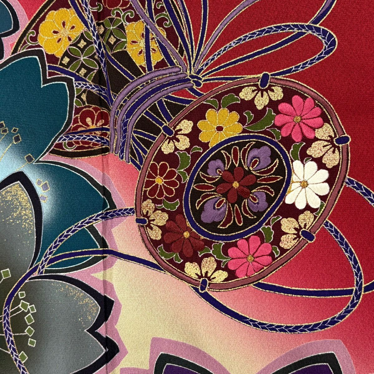 【美品】振袖禮服 身長171cm 袖長67.5cm L 雙層 櫻花 鼓 金銀彩 刺繡 深紅 純蠶絲 秀品級
