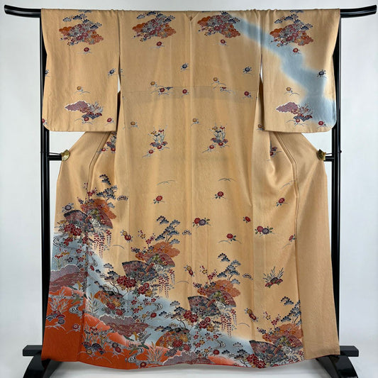 【美品】訪問服 身長163cm 袖長67cm M 雙層 草花紋紋 流水 金彩裝飾 染分 薄橙色 純蠶絲 秀品級 一つ紋