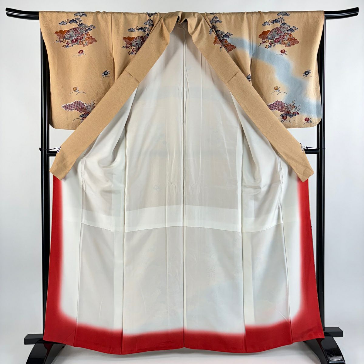 【美品】訪問服 身長163cm 袖長67cm M 雙層 草花紋紋 流水 金彩裝飾 染分 薄橙色 純蠶絲 秀品級 一つ紋