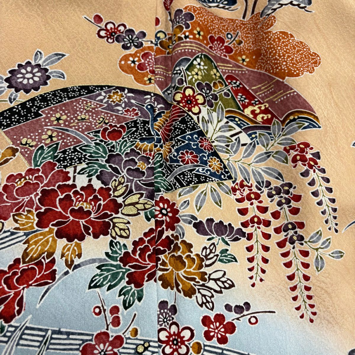 【美品】訪問服 身長163cm 袖長67cm M 雙層 草花紋紋 流水 金彩裝飾 染分 薄橙色 純蠶絲 秀品級 一つ紋