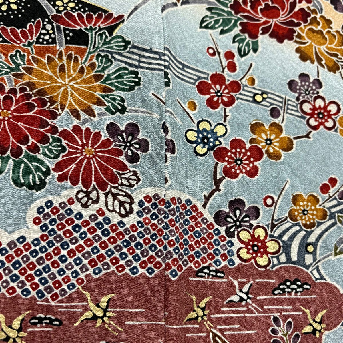 【美品】訪問服 身長163cm 袖長67cm M 雙層 草花紋紋 流水 金彩裝飾 染分 薄橙色 純蠶絲 秀品級 一つ紋