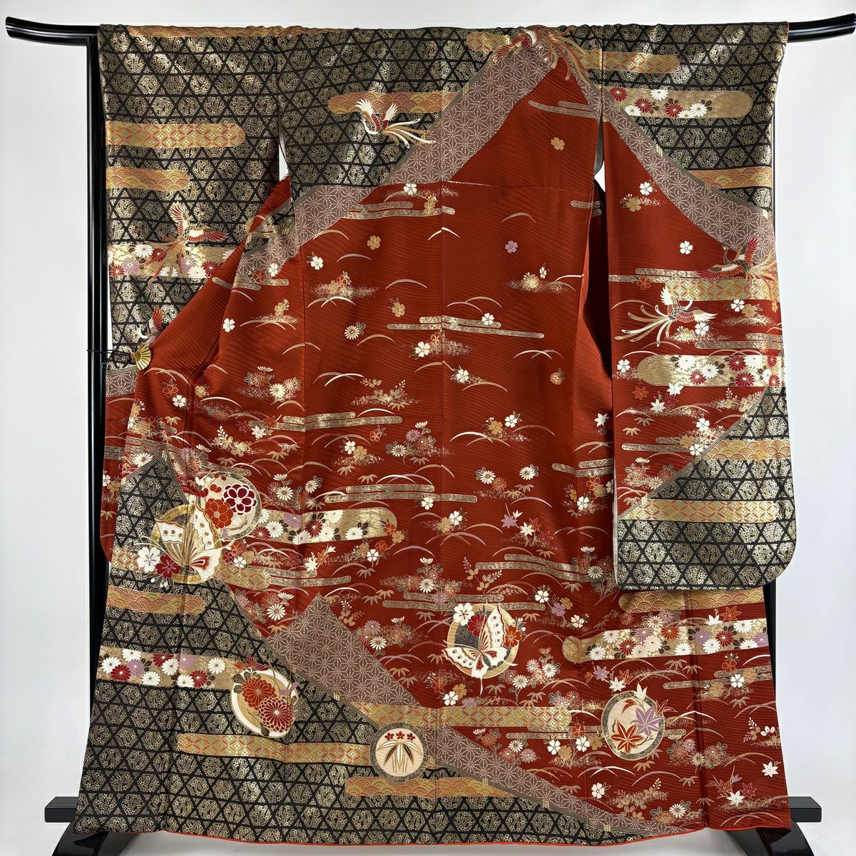 【美品】振袖禮服 身長164cm 袖長68cm L 雙層 蝶 草花紋 金絲 金銀彩 紅茶 純蠶絲 秀品級