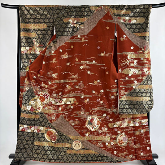【美品】振袖禮服 身長164cm 袖長68cm L 雙層 蝶 草花紋 金絲 金銀彩 紅茶 純蠶絲 秀品級