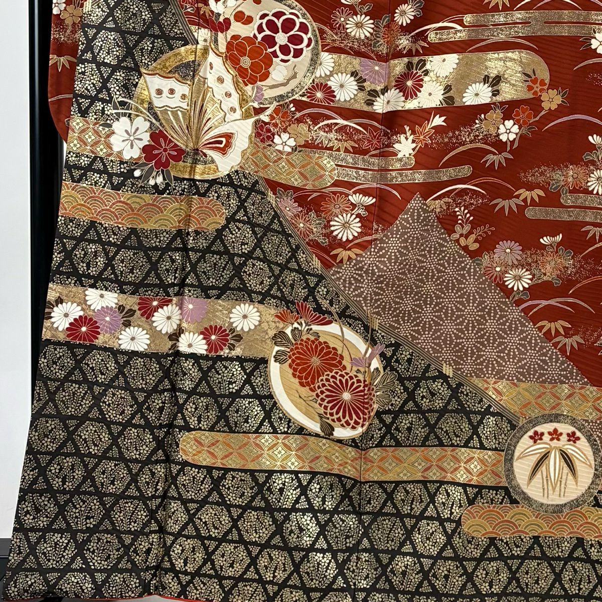 【美品】振袖禮服 身長164cm 袖長68cm L 雙層 蝶 草花紋 金絲 金銀彩 紅茶 純蠶絲 秀品級