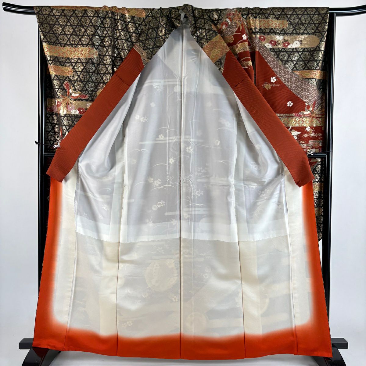 【美品】振袖禮服 身長164cm 袖長68cm L 雙層 蝶 草花紋 金絲 金銀彩 紅茶 純蠶絲 秀品級