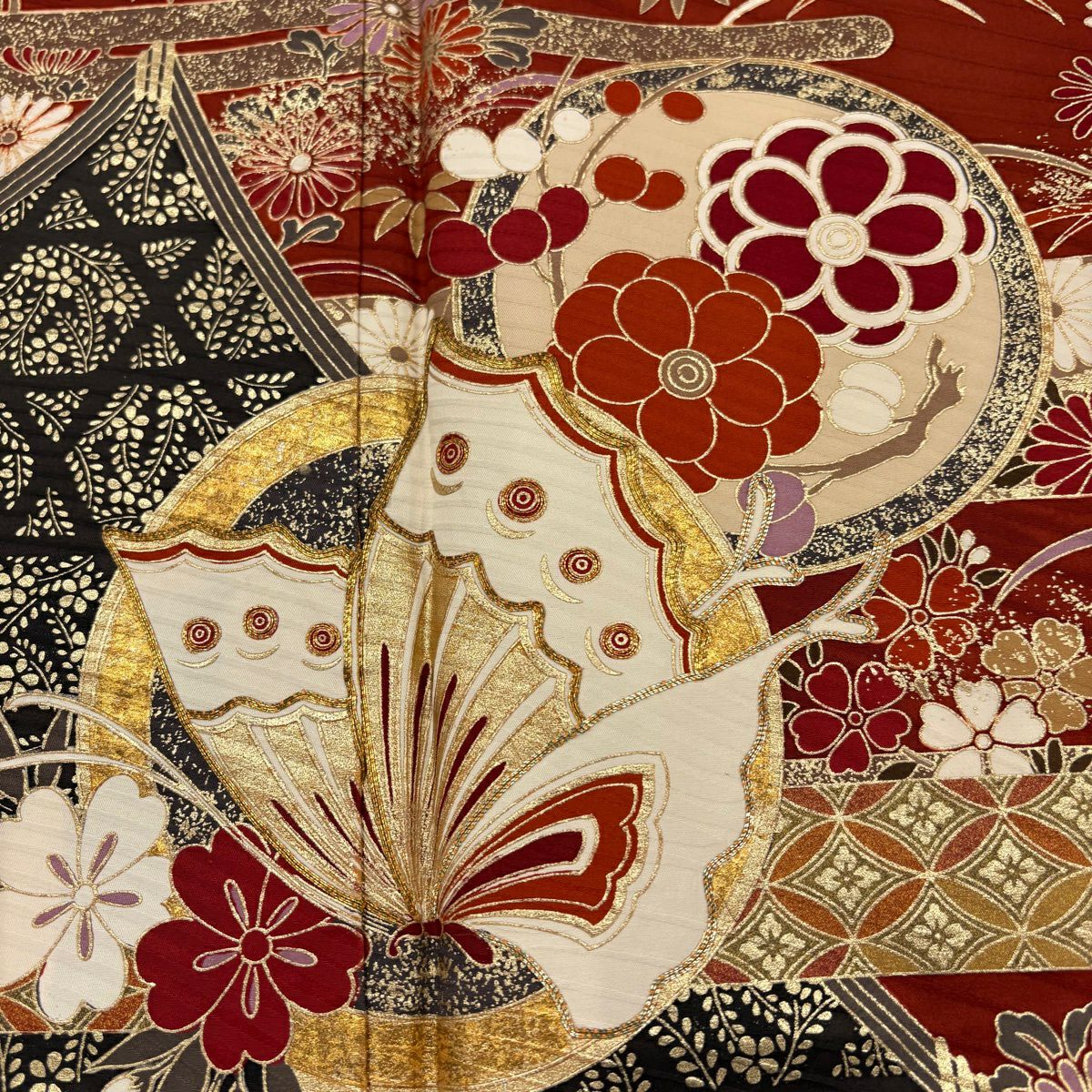 【美品】振袖禮服 身長164cm 袖長68cm L 雙層 蝶 草花紋 金絲 金銀彩 紅茶 純蠶絲 秀品級