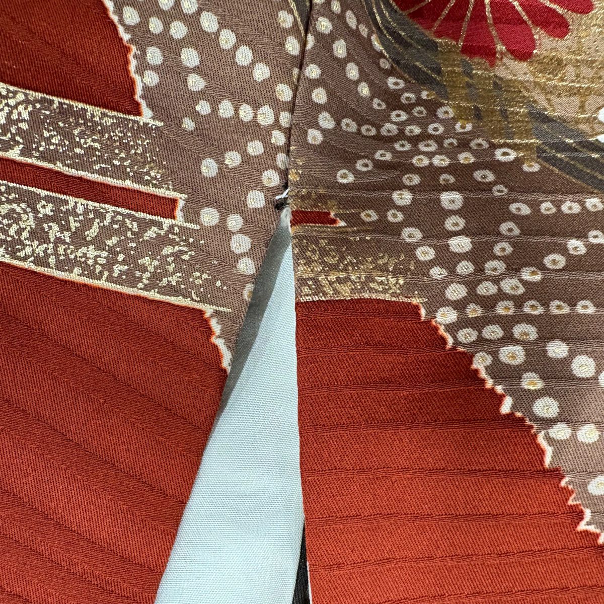 【美品】振袖禮服 身長164cm 袖長68cm L 雙層 蝶 草花紋 金絲 金銀彩 紅茶 純蠶絲 秀品級