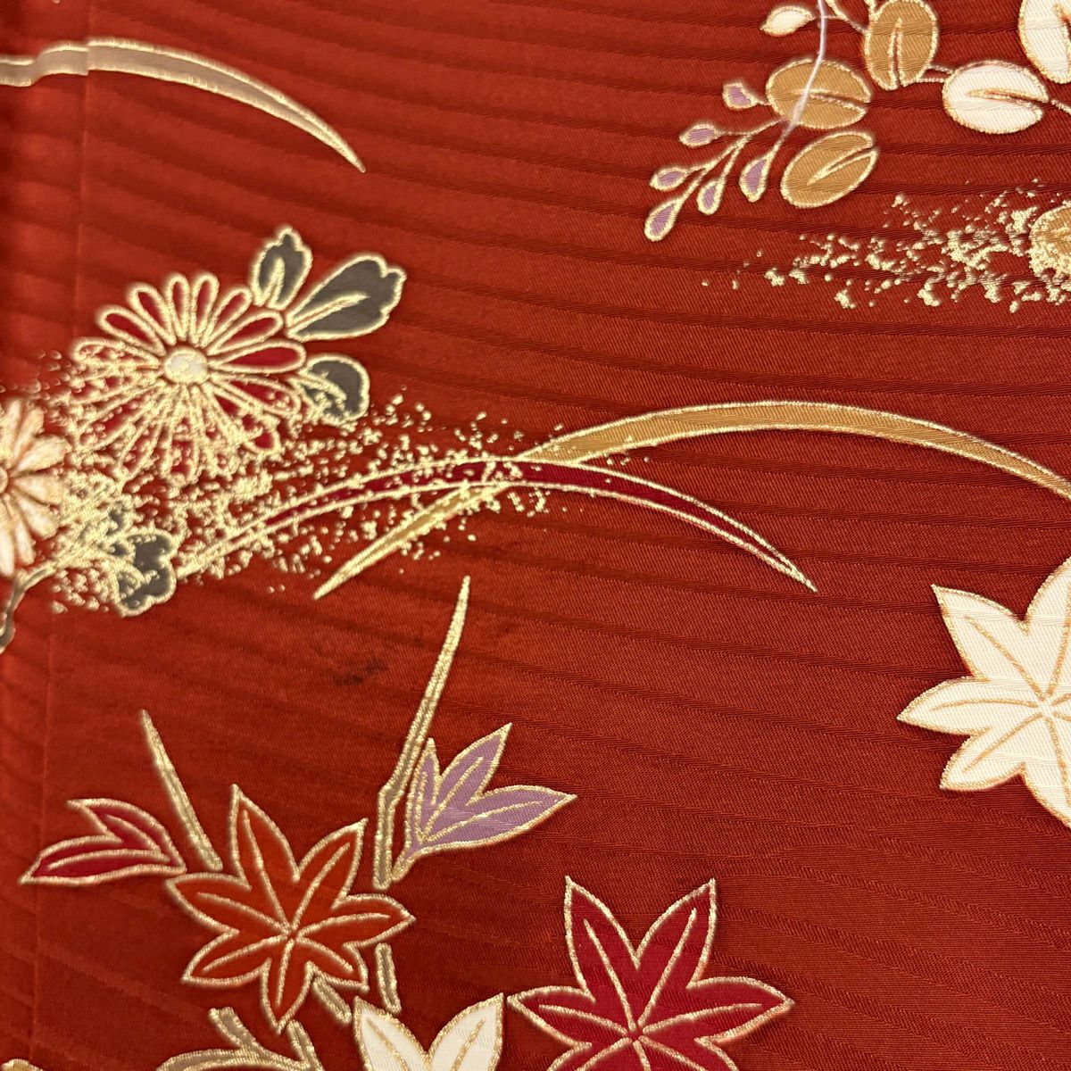 【美品】振袖禮服 身長164cm 袖長68cm L 雙層 蝶 草花紋 金絲 金銀彩 紅茶 純蠶絲 秀品級