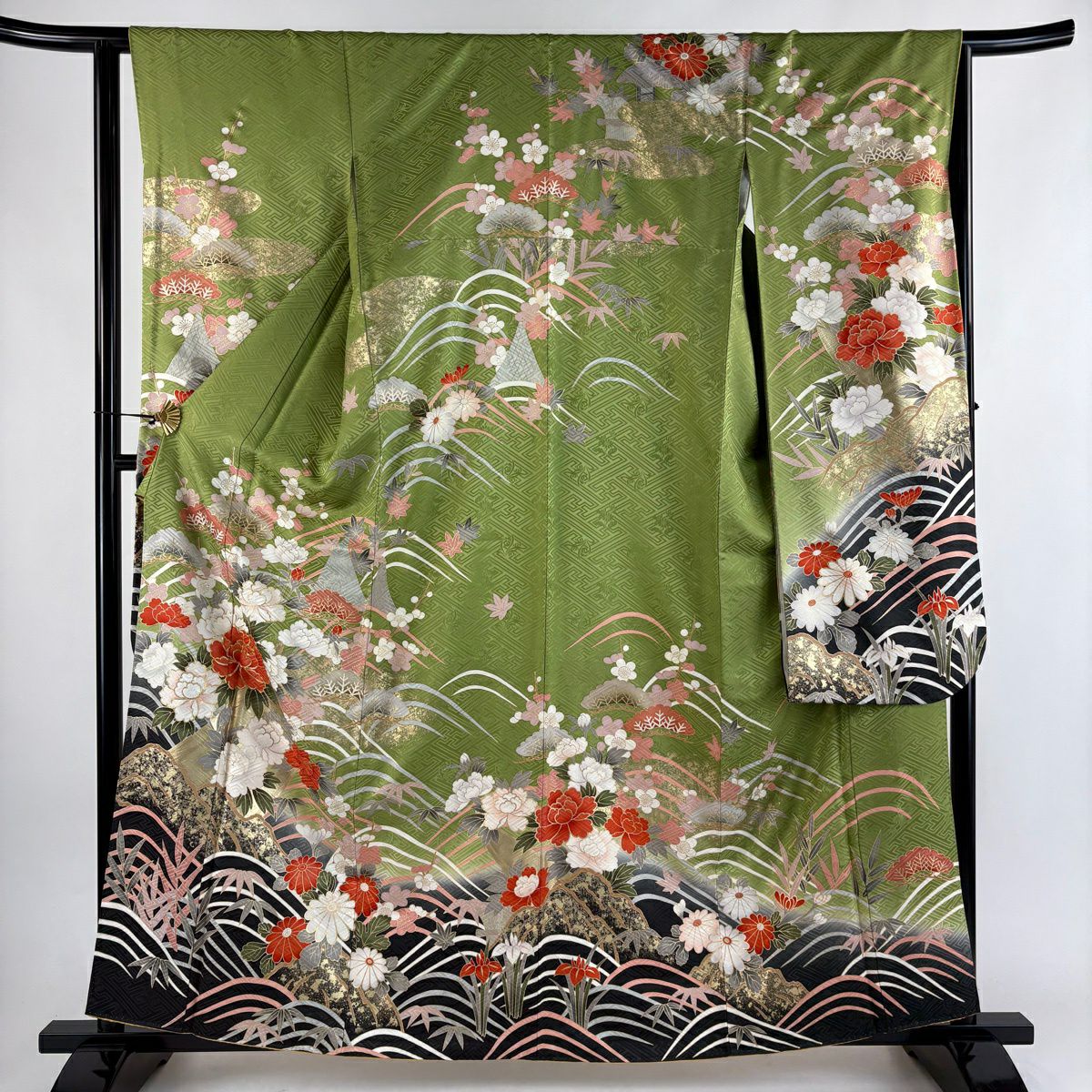 【美品】振袖禮服 身長161cm 袖長64cm M 雙層 牡丹 松樹竹子梅花 金糸 金銀彩 蓬色 純蠶絲 秀品級