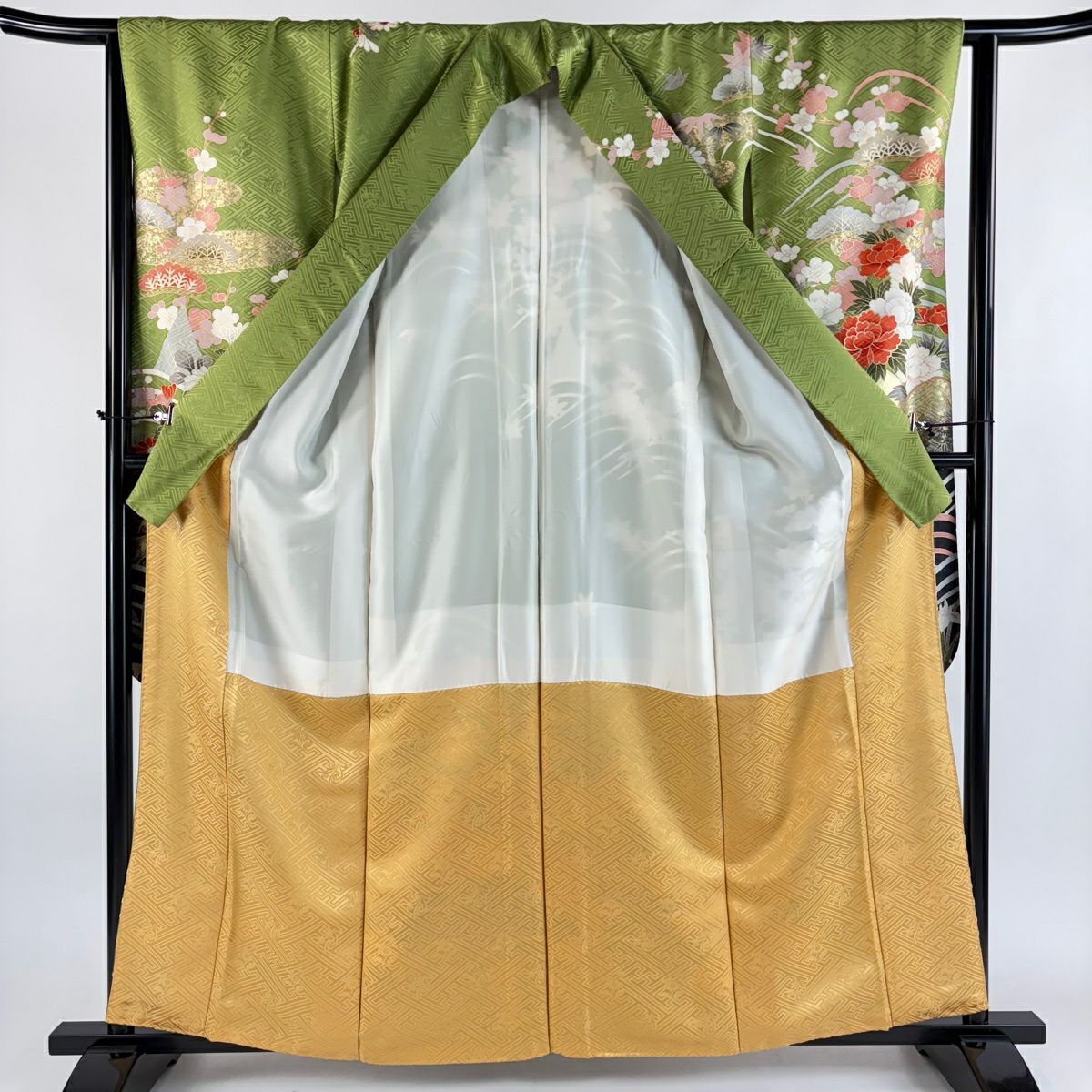 【美品】振袖禮服 身長161cm 袖長64cm M 雙層 牡丹 松樹竹子梅花 金糸 金銀彩 蓬色 純蠶絲 秀品級