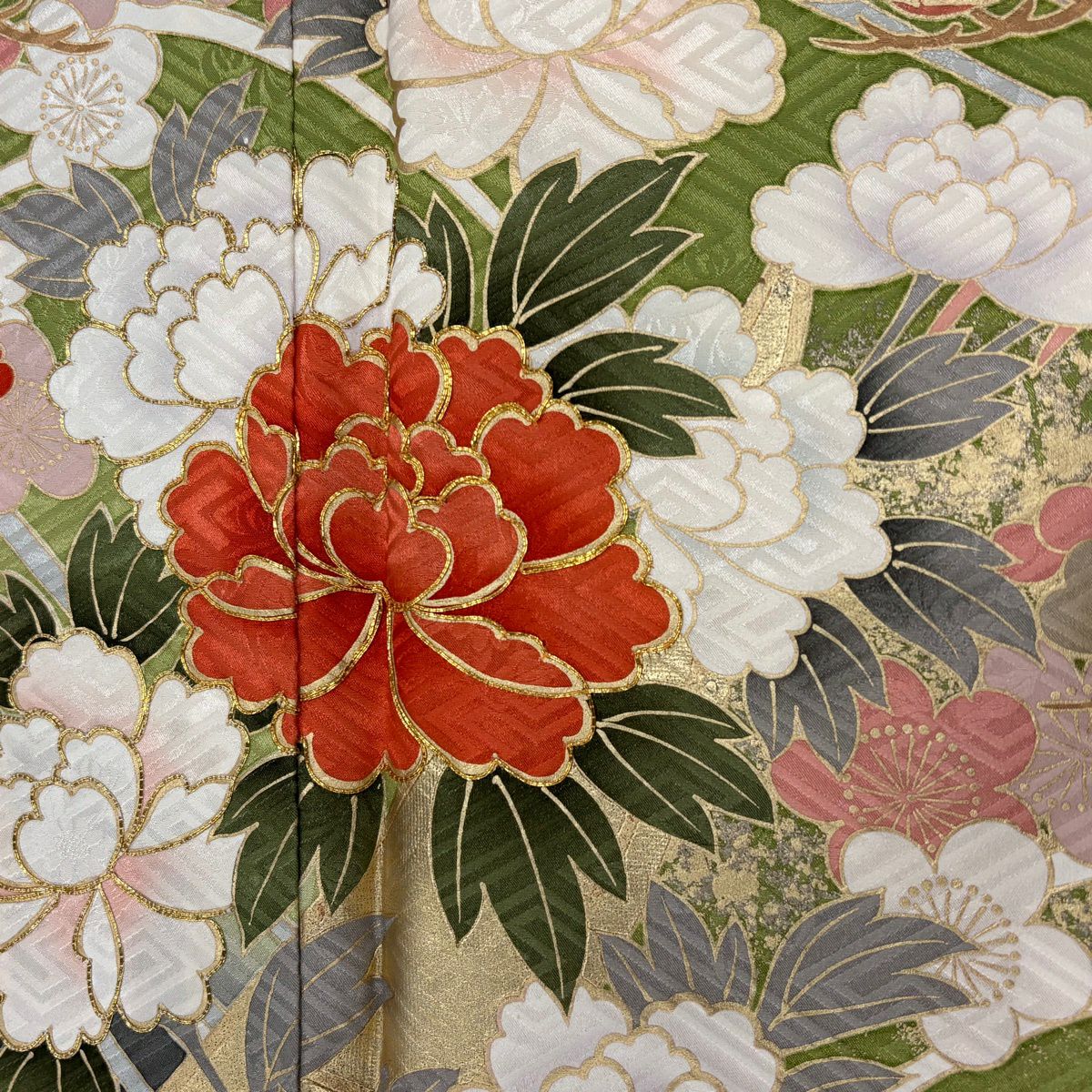 【美品】振袖禮服 身長161cm 袖長64cm M 雙層 牡丹 松樹竹子梅花 金糸 金銀彩 蓬色 純蠶絲 秀品級