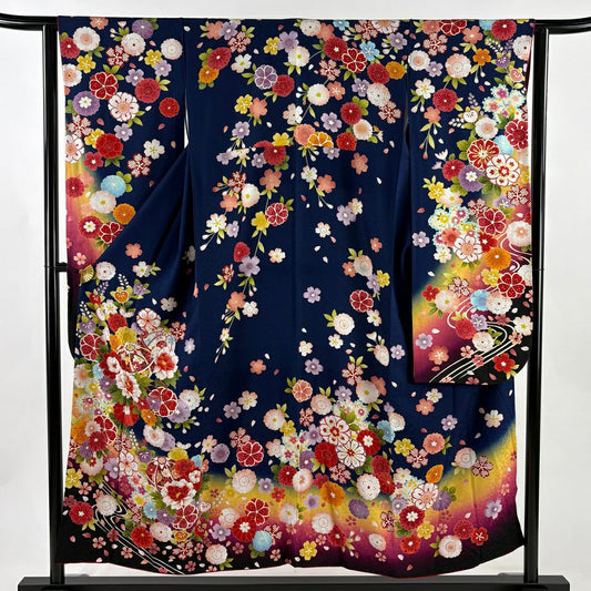 【美品】振袖禮服 身長152.5cm 袖長63cm S 雙層 手鞠 草花紋 金糸 刺繡 深藍 純蠶絲 秀品級